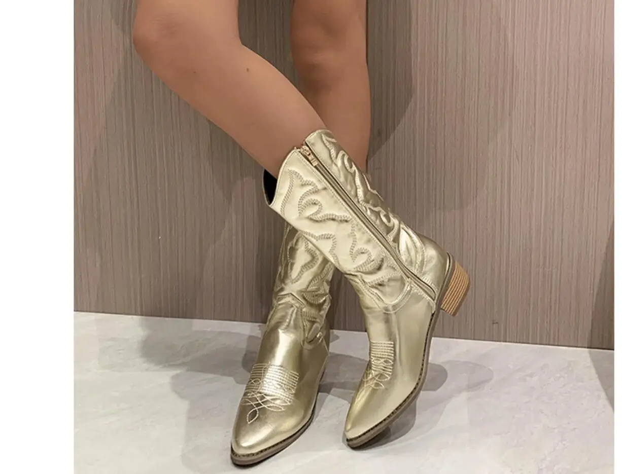 Women Low heel Boots Solid Color Suede Lady Winter Warm Comfortable Female Shoes Point Toe Sexy White embroideryTall Boot Large