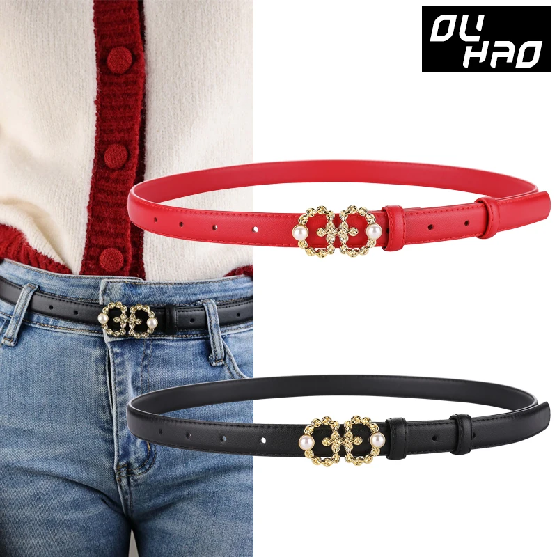 

Retro genuine leather women's belt fashion metal inlaid pearl pin buckle decoration jeans workwear adjust belt for women