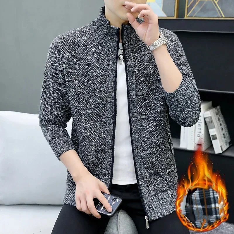 Men's Autumn Winter Turtleneck Solid Zipper Screw Thread Pockets Long Sleeve Sweater Knitted Cardigan Coats Casual Formal Tops