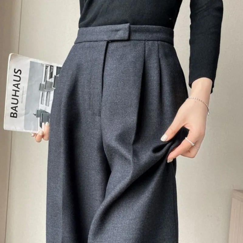 Women's 2023 Autumn and Winter New Korean High Rise Straight Zipper Solid Color Ruched Thick Loose Fitting Casual Wide Leg Pants