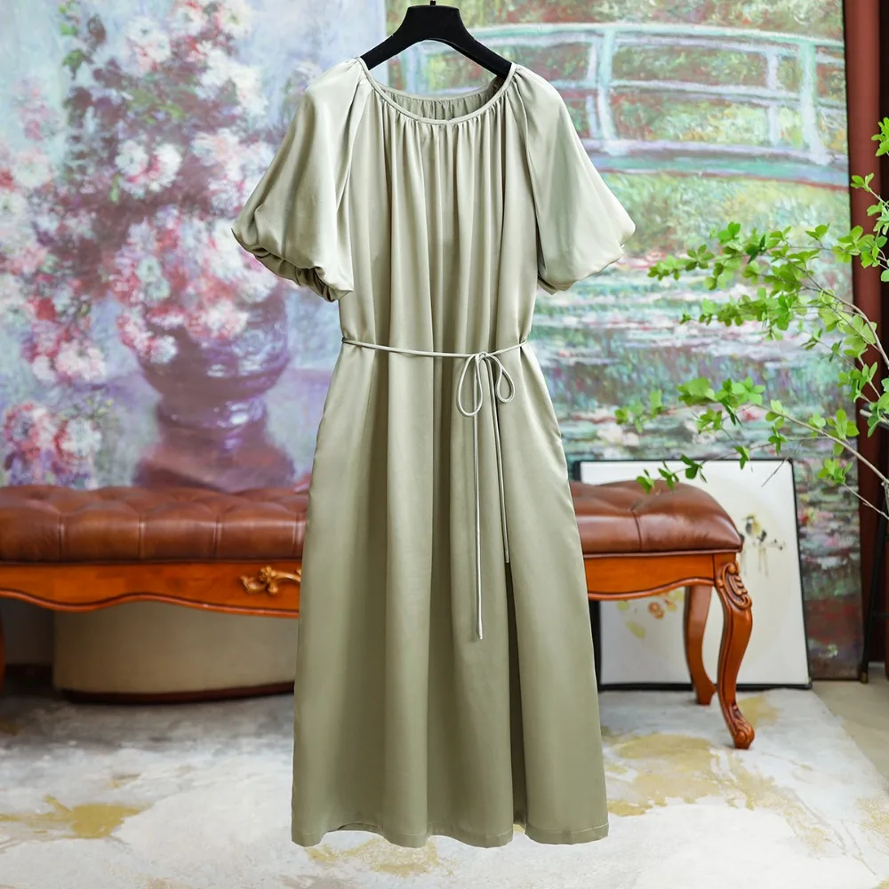 

Excellent Quality 25 Mummy Heavy Silk Bubble Sleeve Round Neck Tie Dress Women's Summer Hot New Temperament and Elegant Gentle