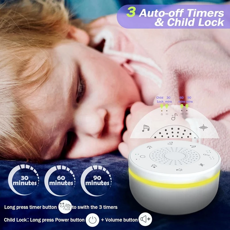 Sleep White Noise Portable Sound Machine For Adults Kids Baby, With 30 Soothing Sounds,5 Color Night Light,3 Timer