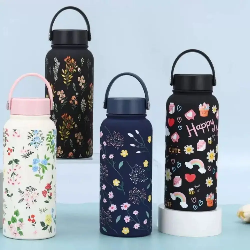 Creative Thermal Water Bottle Portable 1L Outdoor Insulated Mug Large Capacity Stainless Steel Floral Insulated Bottle
