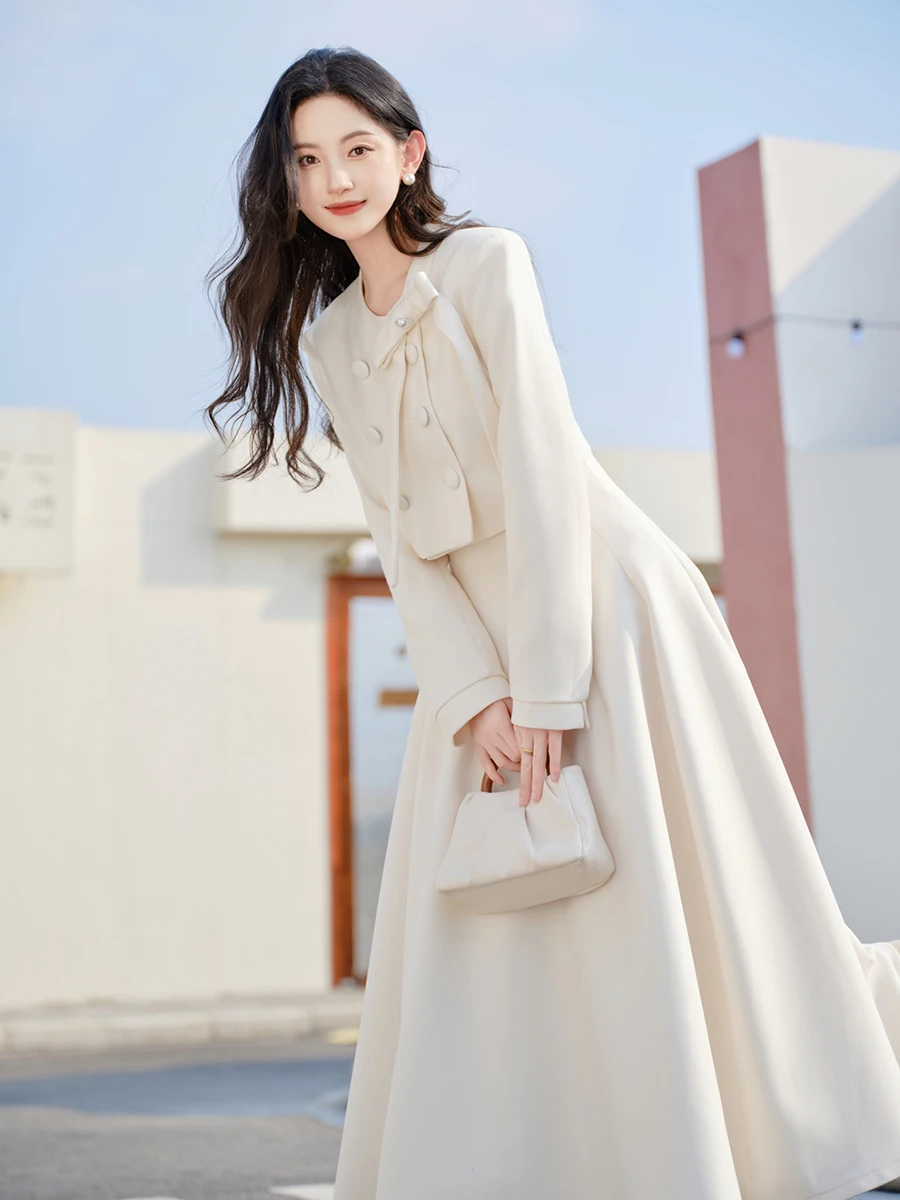 لقطة حقيقية الخريف/الشتاء أنيقة اللؤلؤ القوس سترة قصيرة + تنورة عالية الخصر مجموعة فاخرة للنساء الإناث مكتب سيدة العصرية