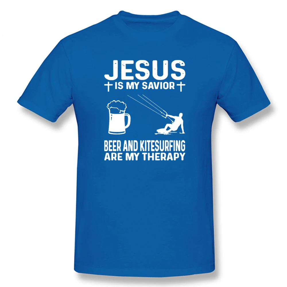 

Funny Jesus Is My Savior Beer and Kitesurfing Are My Therapy T Shirts Graphic Cotton Streetwear Short Sleeve Windsurfing T-shirt