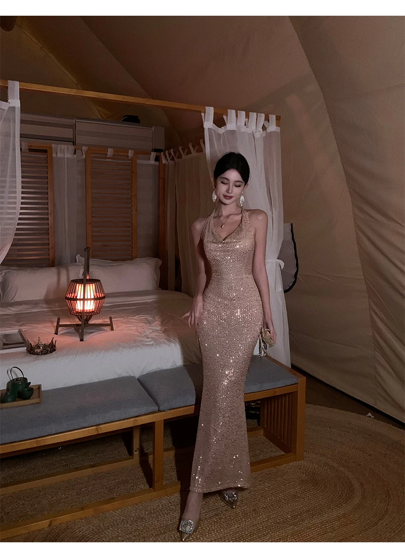 Sexy Bodycon Long Dresses for Women Halter Sleeveless Backless Evening Party Dress Sequined Prom Robe Summer Maxi Vestido Mujer