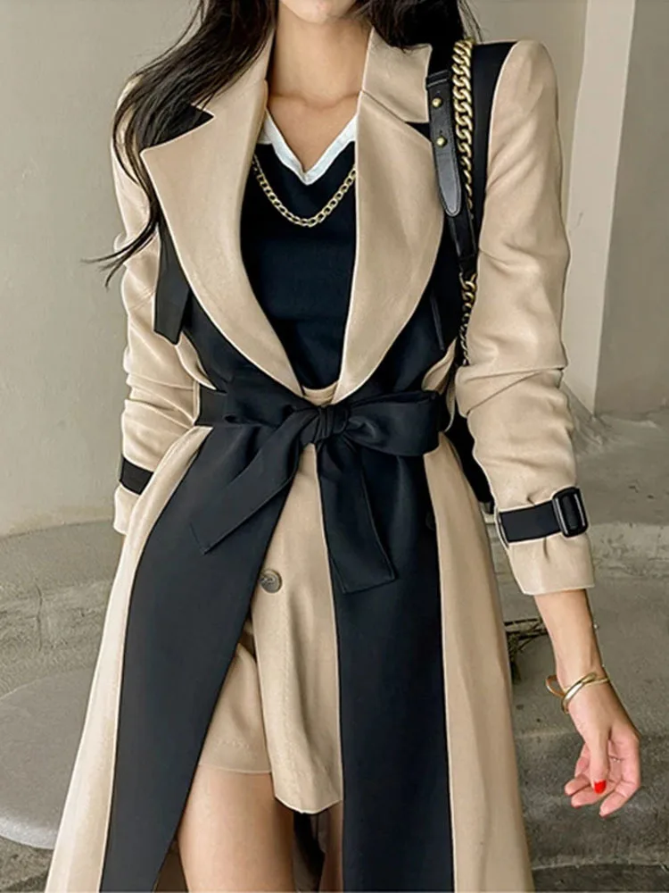 

NICEWOMEN Elegant Notched Collar Lady Patchwork Windbreaker Full Sleeve Buttons Belted Women Long Trench Coats 2023 Winter AH116