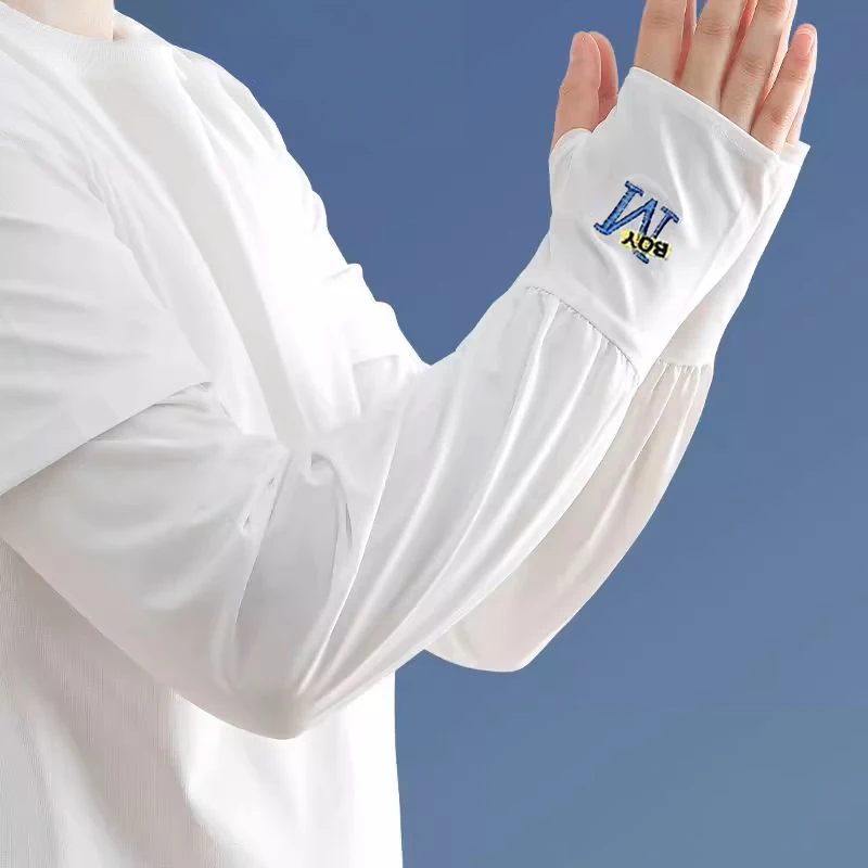 Men Sun Protection Sleeves Summer UV Protection Embroidered Loose Fingerless Arm Sleeves for Outdoor Driving Riding Fishing