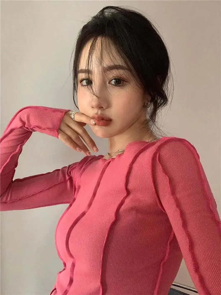 Long Sleeve T-shirts Women Spring Solid O-Neck Elegant Bright Line Decoration Slim Casual Soft High Quality Ladies Clothing Tees - Image 4
