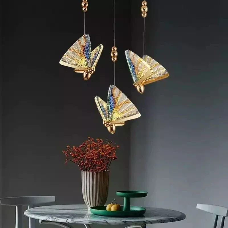 Modern LED Pendant Lights Luxury Creative Chandeliers Butterfly Single Double Head Nordic Bedside Long-line Hanging Lamp 5