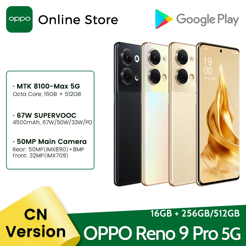 

OPPO Reno 9 Pro 16GB 256GB 5G Mobile Phone MediaTek 8100 Max 6.7 120Hz AMOLED Screen Smartphone 50MP Camera 4500mAh 67W Charger