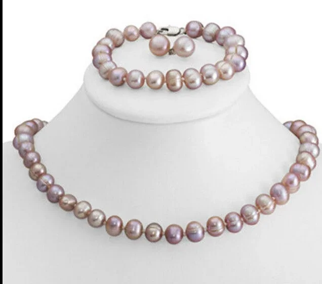 

Jewelry Genuine 8-9mm Purple Freshwater Cultured Pearl Necklace Bracelet & Earrings Set