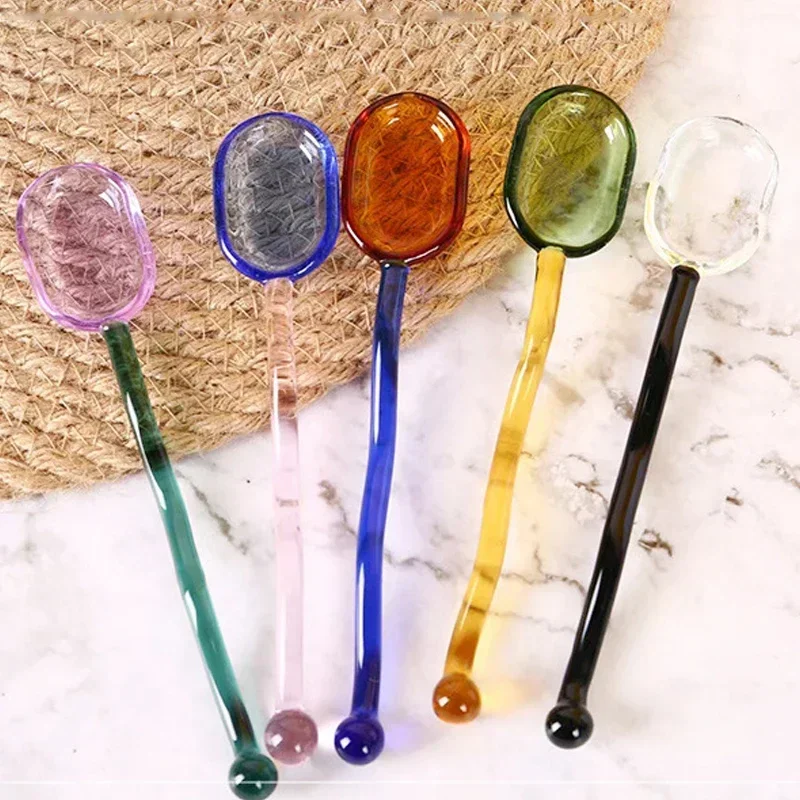1Pc creative glass milk spoons colored transparent coffee dessert stirring spoon long handle spoon kitchen tableware glass spoon