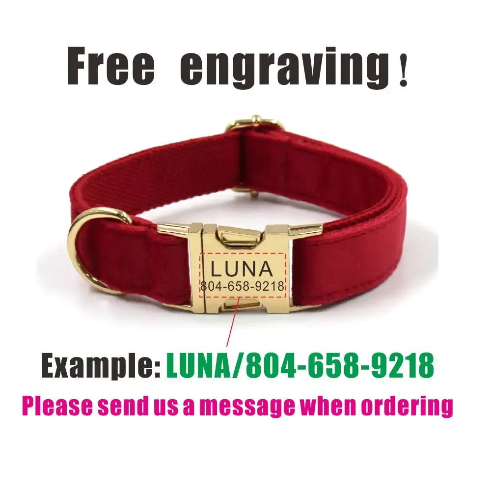 Personalized Dog Collar Pet Collar Free Engraving ID Name Tag Pet Accessory Red Velvet Fiber Puppy Leash