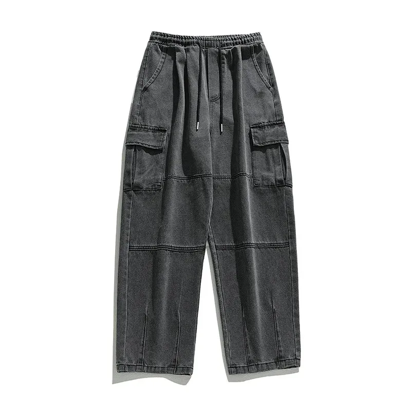 Summer Men's Straight Tube Double Stereoscopic Pocket Jeans Spring New Vintage Vintage Old Washing Overalls Trousers Men