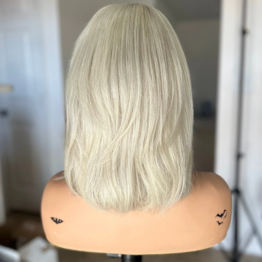 Platinum Blonde Bob Cut Hair Synethetic Lace Front Wig Lace Free Bang Wig 180 Density 14" Heat Resistant Short for Women