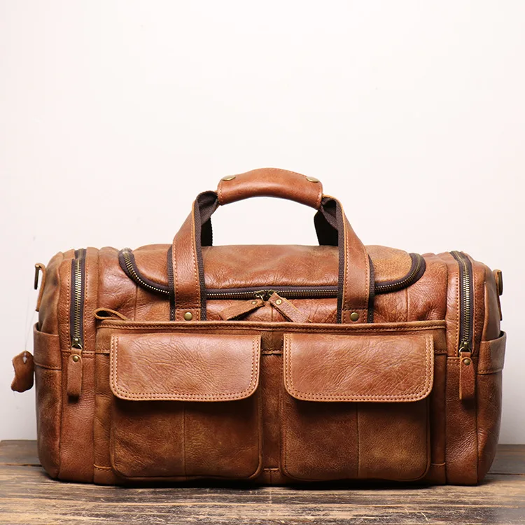 

2023 Vintage Natural Cow Leather Men's Travel Bag Casual Genuine Totes