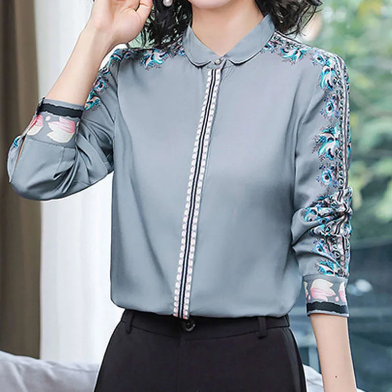 Floral Printed Spliced Elegant Shirt Women's Clothing Spring Autumn Long Sleeve Vintage Commute Slim Polo-Neck Button Blouses