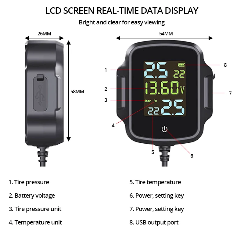 E-ACE Digital Display Motorcycle Tire Pressure Monitor System TPMS Tire Pressure Monitor USB Output With QC 3.0 Fast Charging