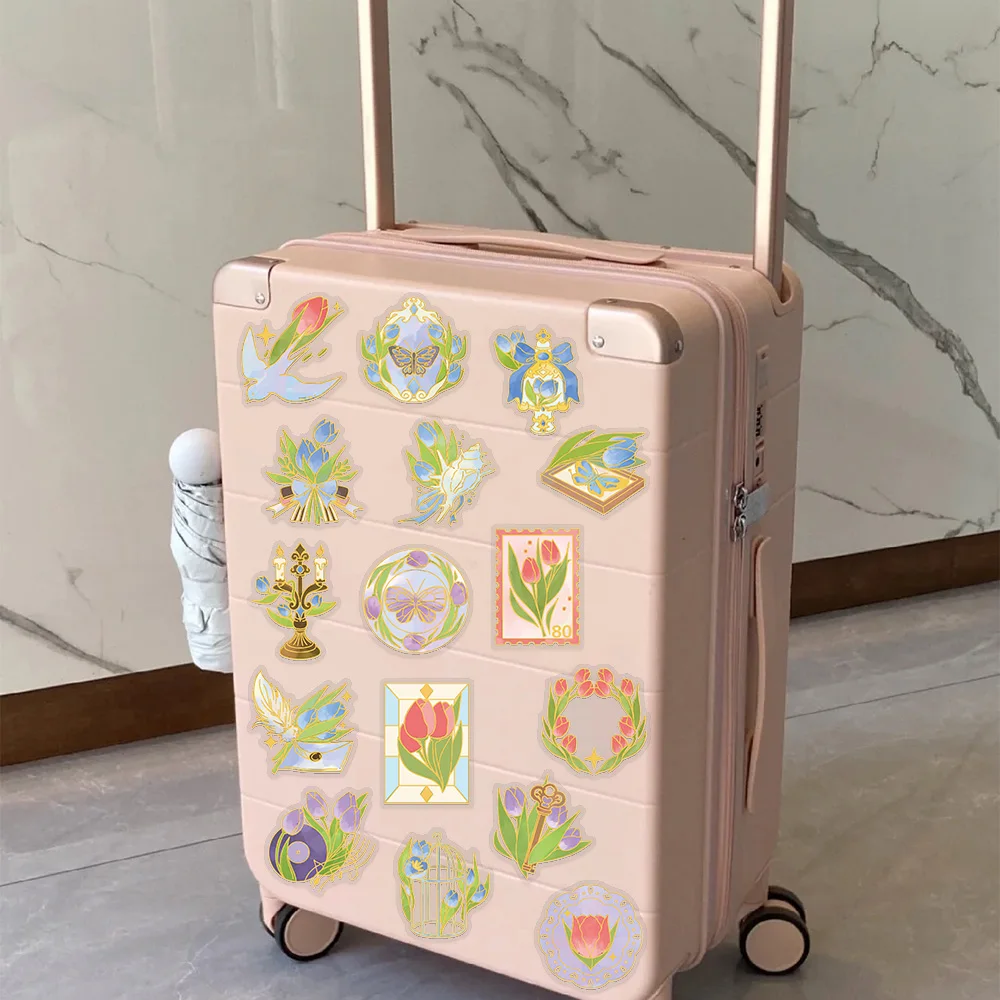 50개 튤립 위스퍼 골드 스탬핑 PET 스티커 데칼 (휴대폰, 스크랩북, 스케이트보드, 여행 가방, 헬멧 DIY, 미적 감각 스티커)