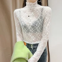 White Lace Base irt Women's Spring Summer Faionable Hollow out Me Top High Collar Net irt Sweet Sle Long Sve Sli... - Image 4