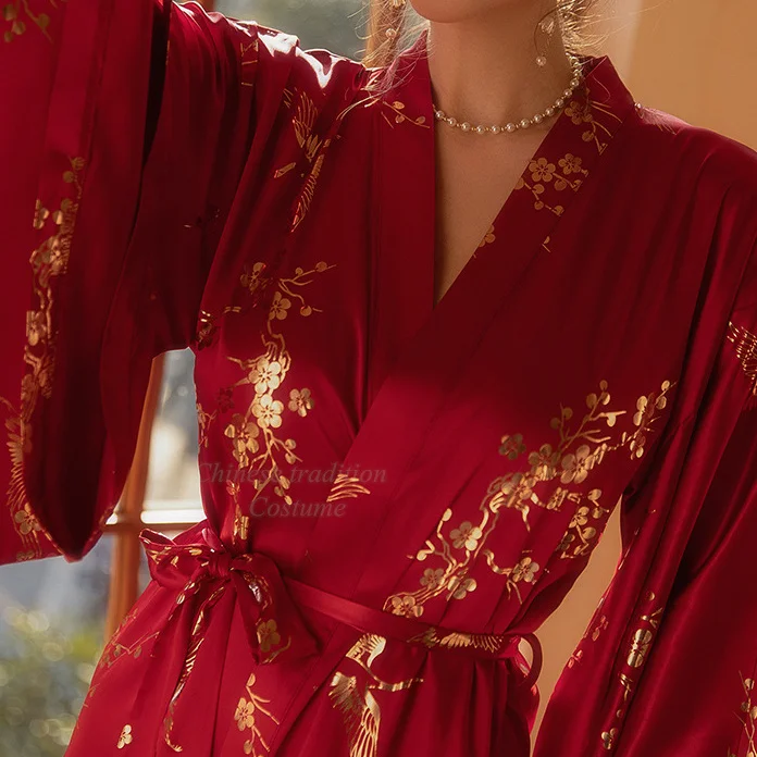 Elegant Burgundy Kimono Robe with Bronzing Flower Design