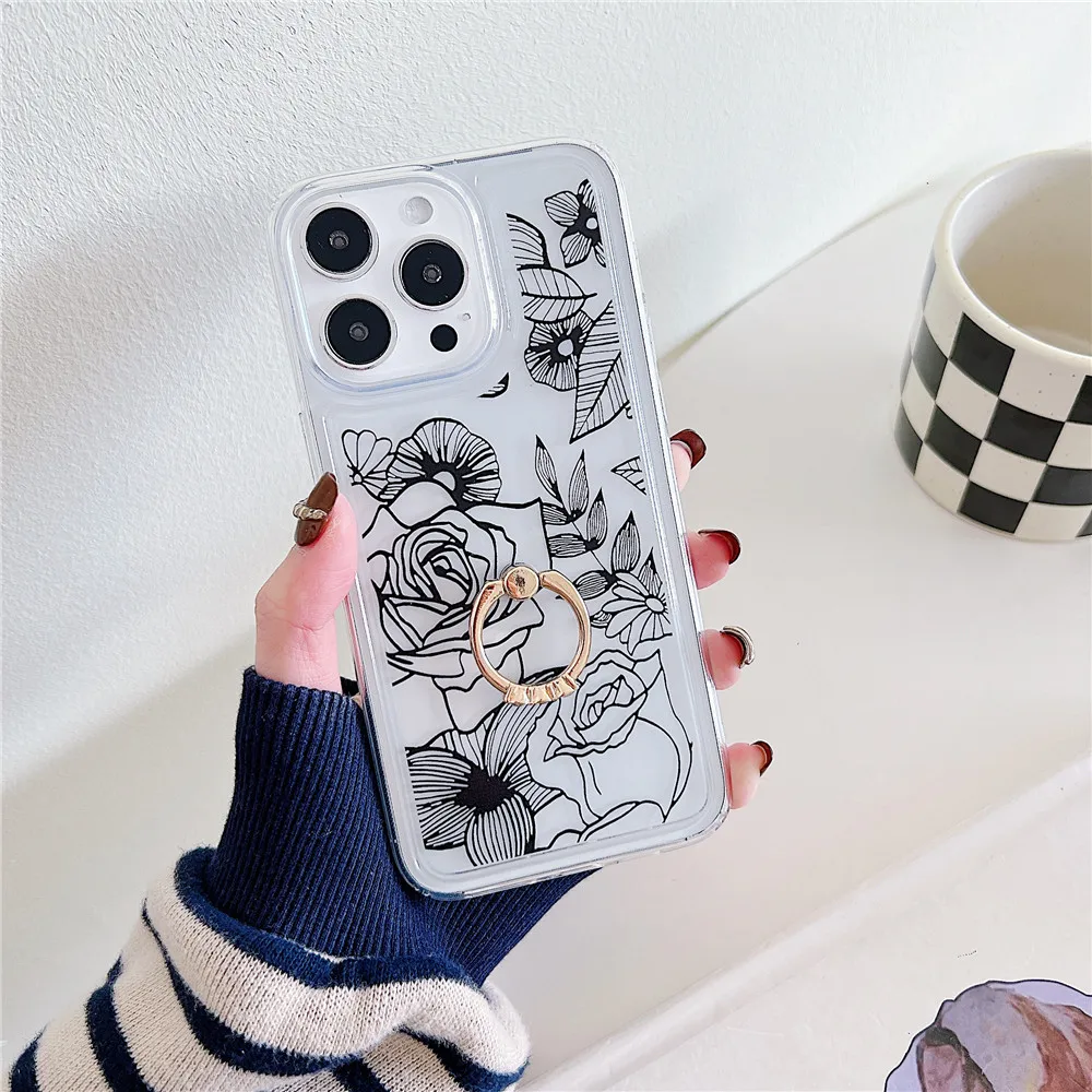 Coque de téléphone transparente avec porte-fleurs de Style coréen, étui Transparent pour iphone 15 14 12 13 11 Pro Max Plus, support Floral mignon pour fille_voghion.com