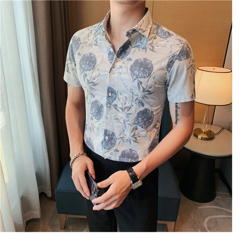 

High Quality Men's Color Contrast Printed Short-sleeved Casual Shirt Men's Club Floral Shirt 2023 Summer New Men's Tuxedo Shirt