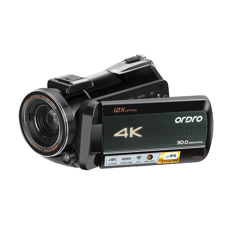 라이브 스트림 카메라, 유튜브 비디오 마이크로 필름 녹화용 디지털 카메라, 4K Ordro AC5PLUS 12X 광학 줌 브이로그 캠코더