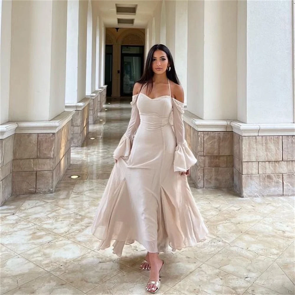 

Off the Shoulder Long Flare Sleeves Evening Dresses Backless Sexy Prom Gown A-line Ankle Length Party Dress فساتين السهرة