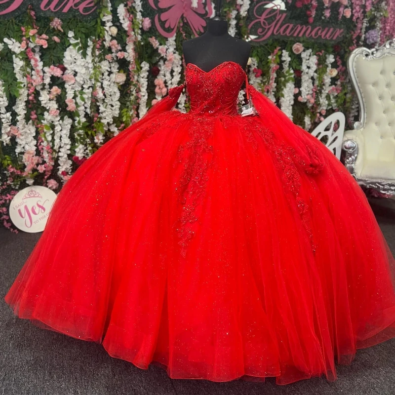 

Red Shiny Quinceanera Dress Sweetheart Applique Lace Ball Gown Long Sleeved Crystal Tull Sweet 15 Vestidos De XV Años