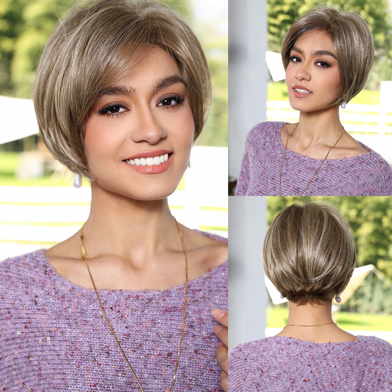 MONO Lace Frontal Synthetic Wigs Short Straight Bob Wig Highlight Gray Brown Blonde Mixed Wig For Women Daily Wig Heat Resistant