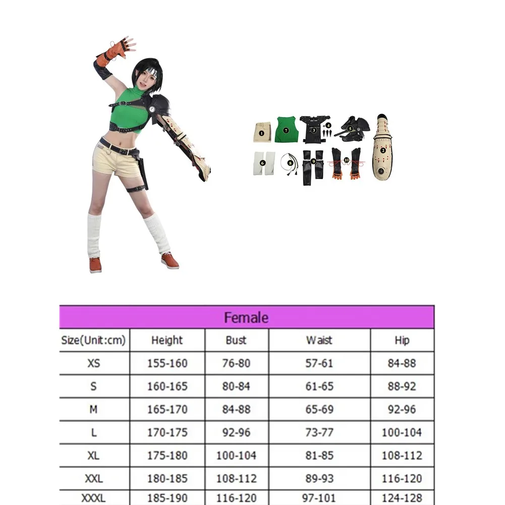 thumbnail image 1 of Disfraz de Yuffie para cosplay, pelucas, pantalones, juego Final Cos Fantasy, trajes verdes sin mangas, ropa para fiesta de Halloween, accesorios, 1 of 5
