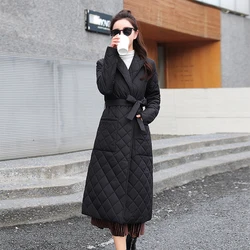 women parkas High street tailored collar stylish overcoat Long winter jacket and coat for women Cotton padded Casual pocket sash