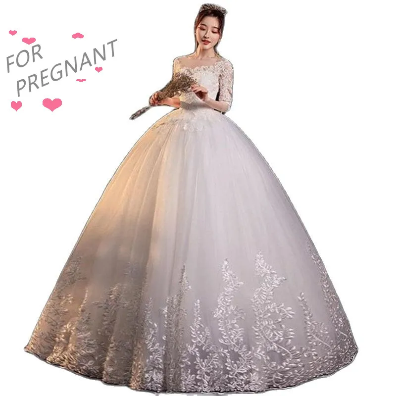 

Pregnant Woman Wedding Dress 2023 New Boat Necklace Half Sleeves Bride Mariage Large Plus Gowns Size Robe De Mariee Courte