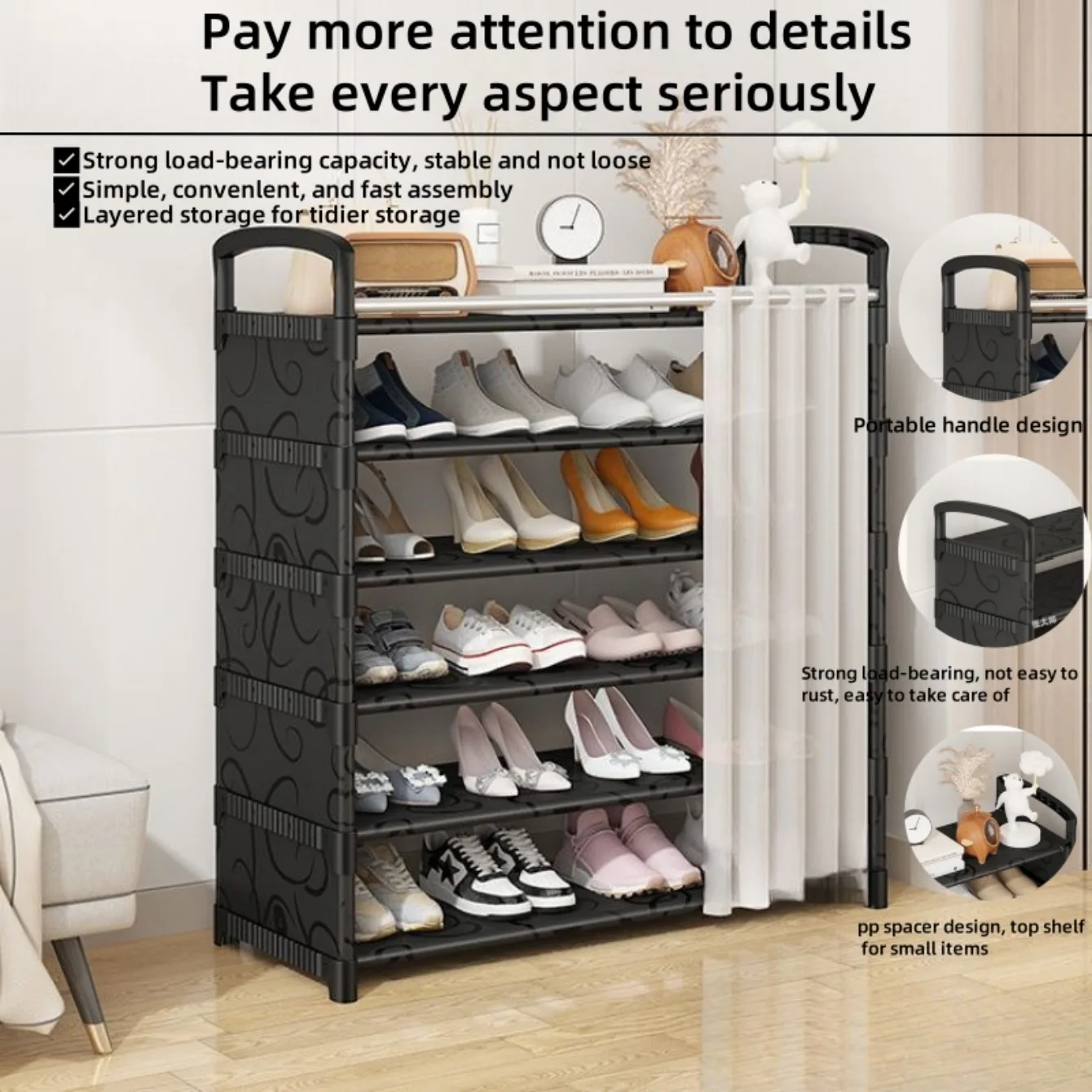 6-Tier Metal Shoe Rack Shelf Shoemaker Organizer Multi-Layer Entryway Shoe Organizer with Top Storage Shelf Space-Saving