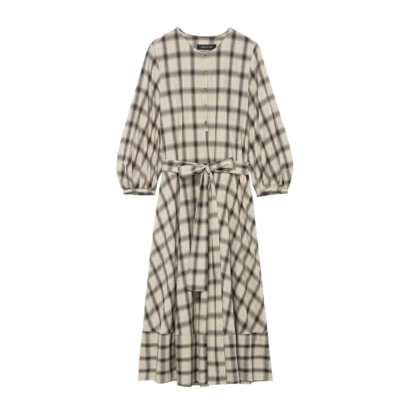 Women Plaid Lantern Sleeve Dress Female Casual Single Breasted Lace Up Long A-Line Dresses Lady Daily Commute Street Shirt-Dress
