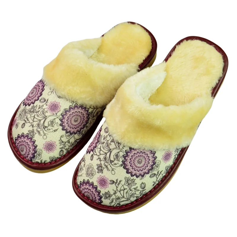 

Winter Brand Plush Cotton Slippers Women Flats Shoes Printing Fashion Platform Casual Home Suede Fur Warm Slingback Flip Flops