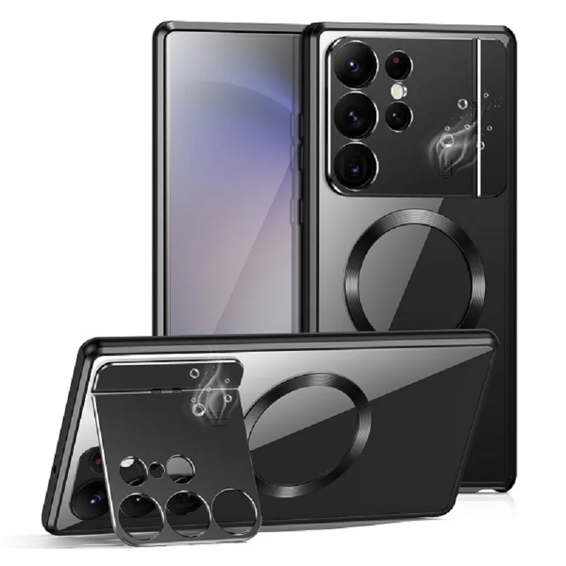 Anti-Fall Acrylic Back Plate Metal Frame Magnetic Case Suitable For Samsung S24Ultra S23 S22 Ultra Wireless Charging With Stand