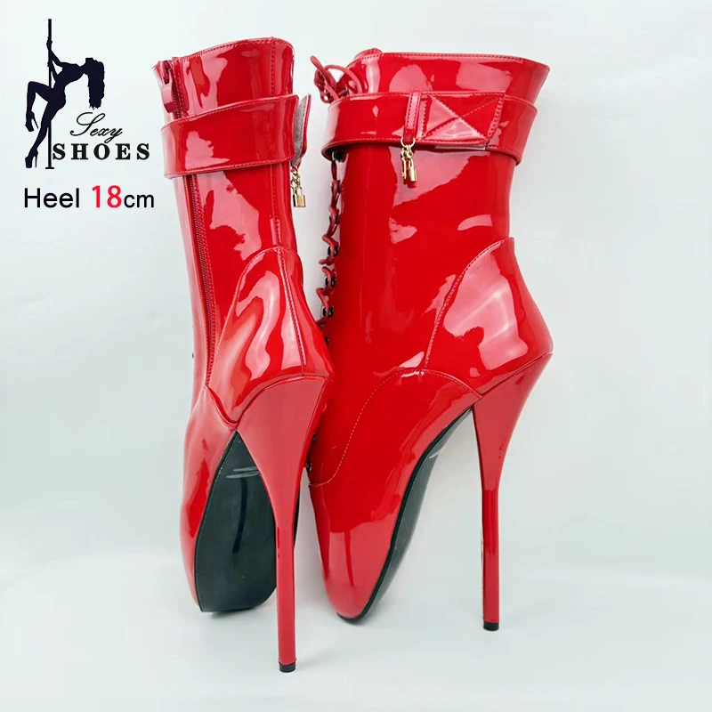 Sexy Lock Wrap Strap Women Ankle Boots 18CM/7" Stiletto High Heel Black Fetish Ballet Shoes Larger Size 36-46 Red Ballet Boots