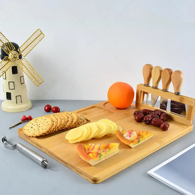 Cheese Board Set Bamboo Handmade Serving Utensils Wooden Cheese Platter Serving Tray 4 Stainless Steel Cutters Knife Holder