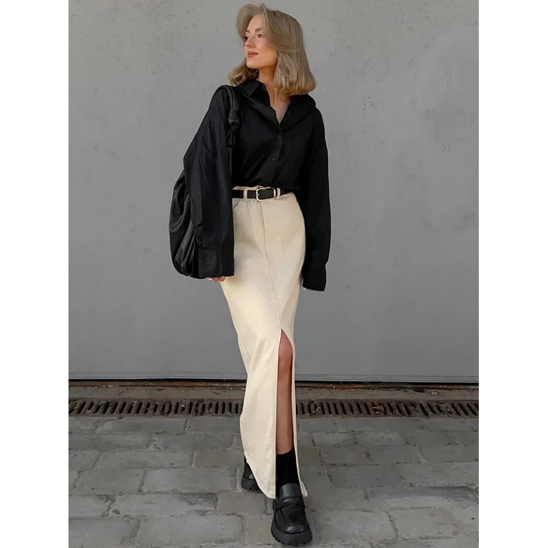 Женская юбка с высокой талией, хлопковая юбка персикового цвета с разрезом, весна 2024