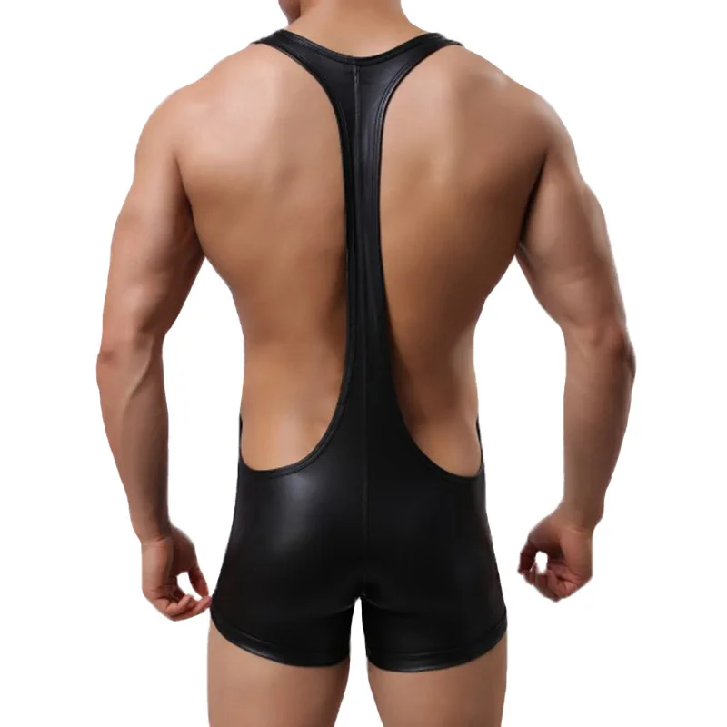 Mens Sexy Undershirts Faux Leather Bodysuit Body Jumpsuit One-Piece Wresting Undershirts Tight Shaper Gay Clothing Club Jumpsuit