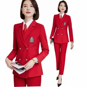 Корейский официальный блейзер для женщин, деловые костюмы, рабочая одежда, Офисная форма, куртки и брюки, комплект из 2 предметов, высокое качество, осень