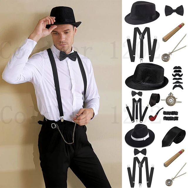 1920s Mens Gatsby Gangster Accessories Set Panama Hat Suspender Bow Ti ...