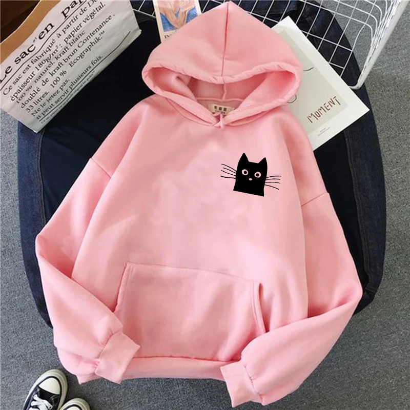 

Funny Cartoon Cute Cat Sweatshirt Black Cat Kawaii Harajuku Korean Style Y2k Hoodies Women Ullzang Graphic Fashion Hoody Female