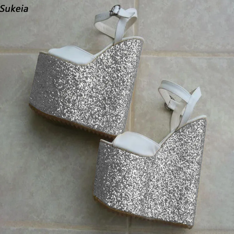 

Sukeia Women Platform Mules Sandals Wedges Ultra High Heels Peep Toe Gorgeous Gold Silver Club Shoes Ladies US Plus Size 5-15