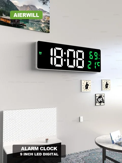 9“ Digital Wall Clock Large LED Screen Temperature Humidity Display Electronic Alarm Clock Home Decoration 12/24H Table Clock