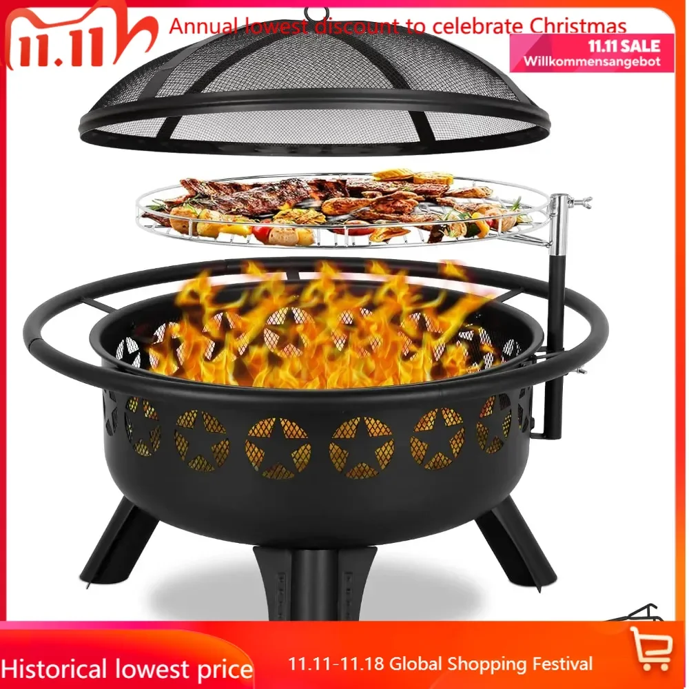 2 in 1 Fire Pit with Grill, Large 31" Wood Burning Fire Pit with Swivel Cooking Grate Outdoor Firepit for Backyard Bonf