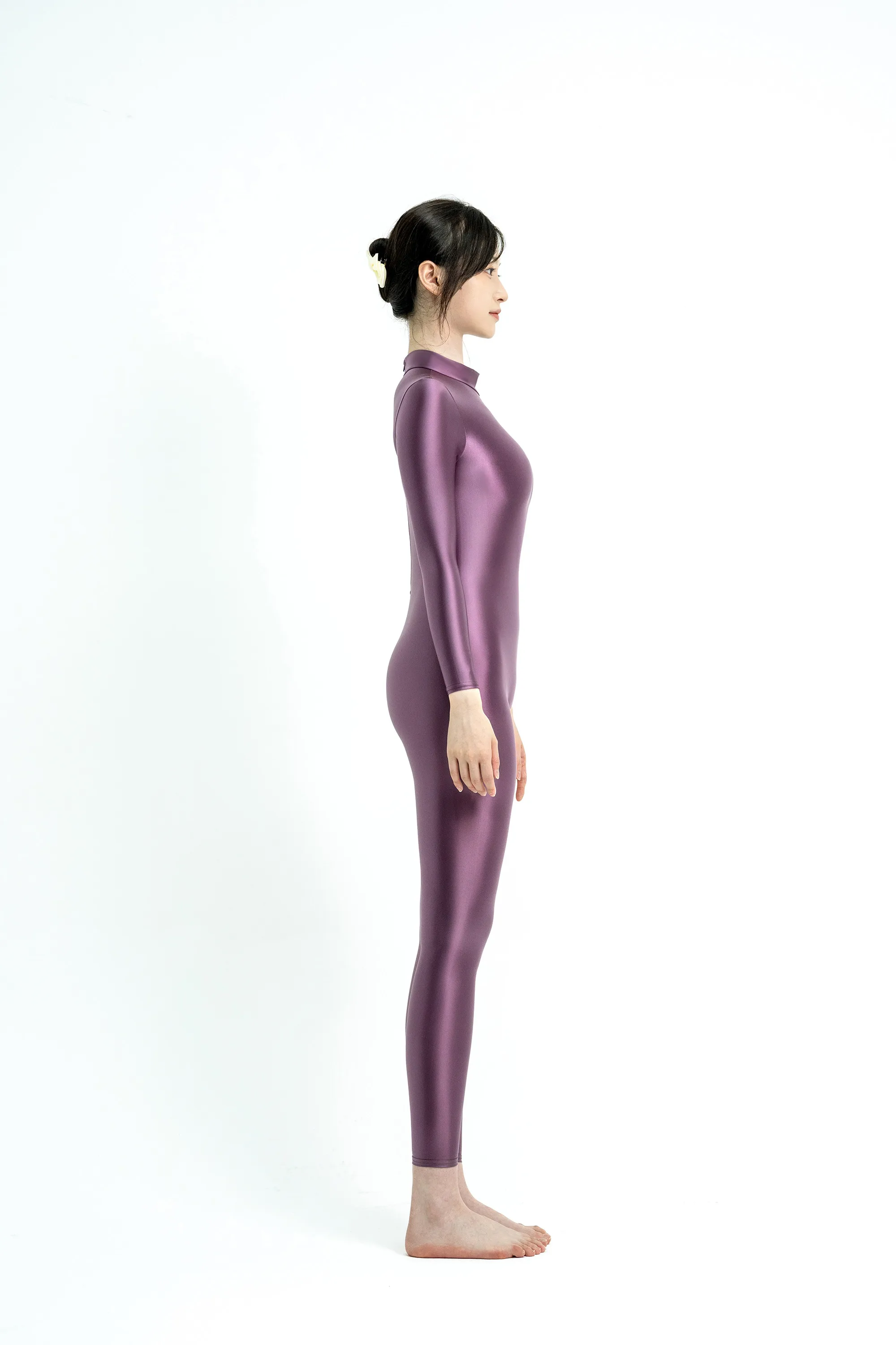 XcloCKNYoung Satin-Glanz-Bodysuit mit Ölglanz, hohem Hals und Reißverschluss, langärmlig, eng anliegende Hose, Seiden-Trikot, glänzender Badeanzug, Neoprenanzug – Detail 8
